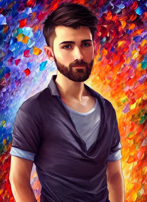 Image similar to handsome young man with short black hair, male, full detailed clothing, half body shot, arms down, path traced, highly detailed, high quality, digital painting, alena aenami, leonid afremov, lilia alvarado, shinji aramaki, karol bak, alphonse mucha, tom bagshaw