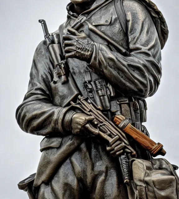 Image similar to a 4 k photorealistic photo medium shot of a bronze statue of an american soldier holding a rifle