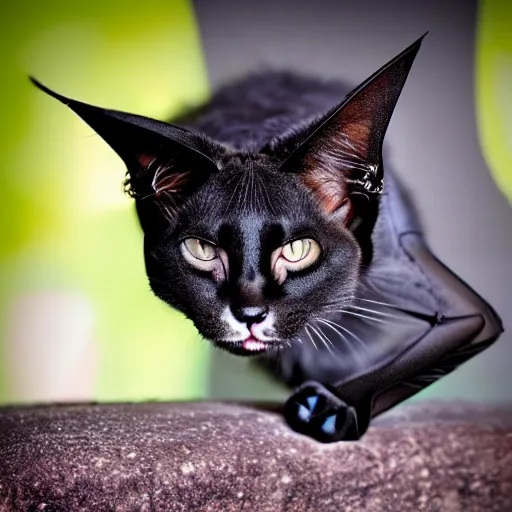 Prompt: a feline bat - cat - hybrid, animal photography