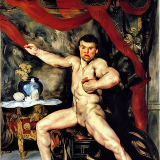 Image similar to russian young muscular athlete man posing in his living room, 1987, Peter Paul Rubens, manet, renoir