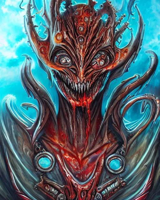 Image similar to charred bloody fleshmetal cyborg daemonhost psychedelic flamer of tzeentch, by antonio j. manzanedo, giger, alex grey, android jones, wayne barlowe, philippe druillet, raymond swanland, cyril rolando, josephine wall, harumi hironaka, cronenburg, trending on artstation