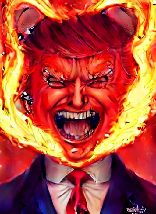 Prompt: donald trump bald and smiling, style artgerm, joshua middleton, illustration, anthropomorphic hamster steampunk half - cyborg, red fur, swirling fire flames cosmos, fantasy, dnd, cinematic lighting
