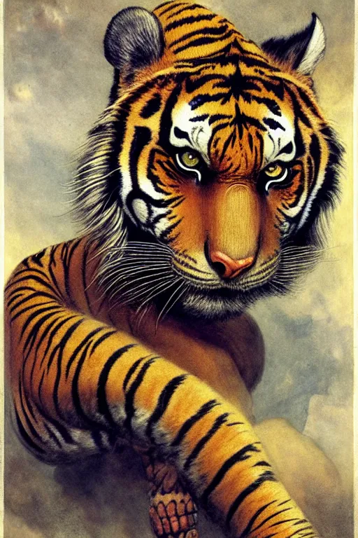 Image similar to turbulent tiger with gold and blue stripes in the style of wayne barlowe, gustav moreau, goward, bussiere, roberto ferri, santiago caruso, luis ricardo falero, austin osman spare