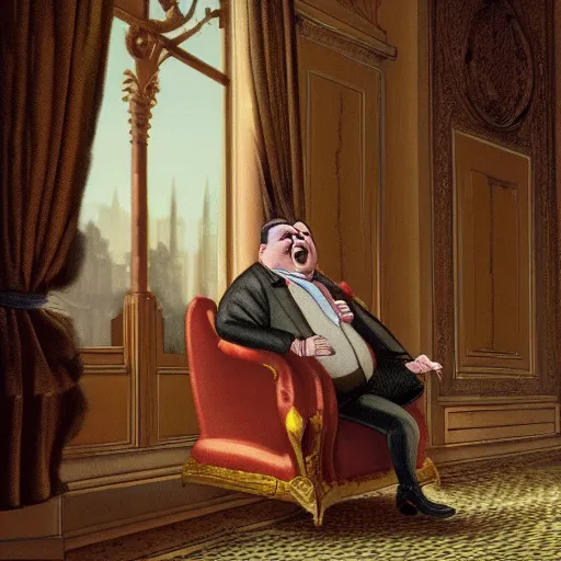 Image similar to childish fat politician with big stomch is sitting corner alone in giant luxury castle in baroque style