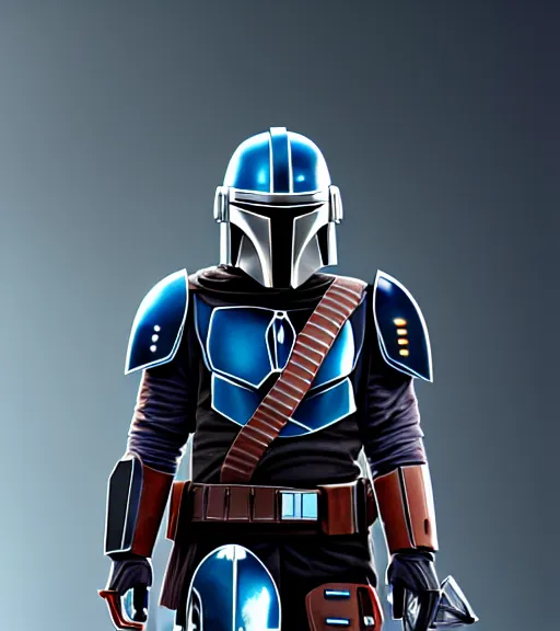 Image similar to mandalorian clan chief, black and blue armor, complex, hyper detailed, ultrasharp, digital portrait, concept art, character design, illustration, studio lights, hyper realistic, ultra detailed, volumetric lighting, 8 k uhd post - production, artstation hq, unreal engine 5, unity engine