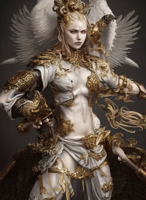 Prompt: high intricate porcelain baroque angelic warrior fighting the army of the demon lord, 8 k, hyperrealistic hyperdetailed maria panfilova, andrea savchenko, mike kime, ludovic plouffe, qi sheng luo, oliver cook, trending on artstation