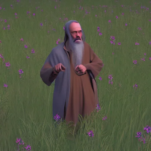 Prompt: old prophet wandering about a meadow. warm lighting. subsurface scattering. skin translucency.
