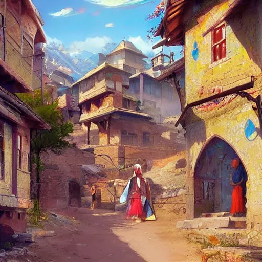 Image similar to colorful Kurdish village, anime, a fantasy digital painting by Greg Rutkowski and James Gurney, trending on Artstation, highly detailed