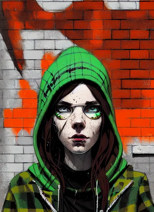 Image similar to highly detailed portrait of a sewer punk seattle lady, tartan hoody, by atey ghailan, by greg rutkowski, by greg tocchini, by james gilleard, by joe fenton, by kaethe butcher, gradient green, brown, blonde crea, orange, brown and white color scheme, grunge aesthetic!!! ( ( graffiti tag wall background ) )