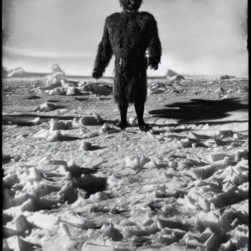 Prompt: an old photograph of a giant with large teeth, in the arctic wastes