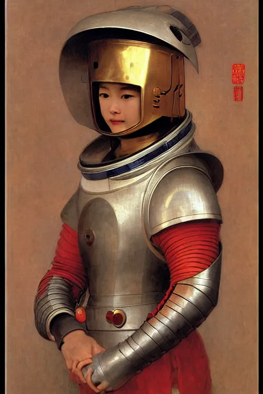 Image similar to portrait of a astronaut is a chinese dragon in armor and helmet, majestic, solemn, by bouguereau