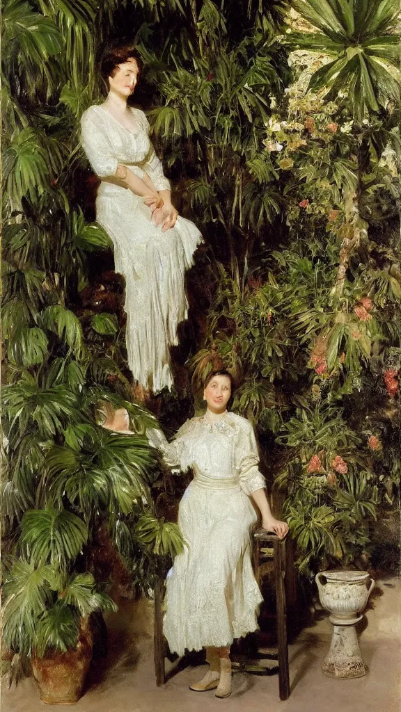 Prompt: rebekah delrio wear a lace dress in a botanical room set near a persian pot and palm treeby john singer sargent