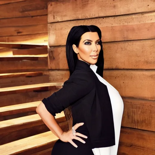 Image similar to Kim Kardashian standing on wooden stairs, staring inquisitively at the camera, elegant, high detail, GQ, Vogue,