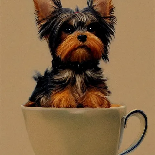 Prompt: teacup yorkshire terrier sitting on teacup, in teacup portrait art by donato giancola and greg rutkowski, realistic face, digital art, trending on artstation, symmetry
