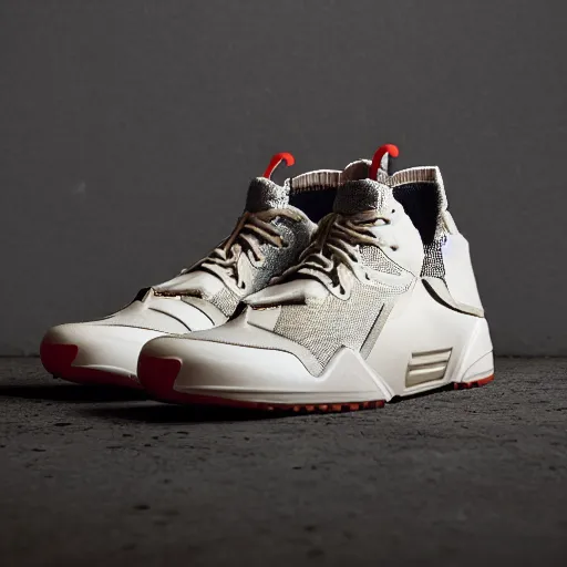 Image similar to a studio photoshoot of Nike ACG sneakers designed by Tom Sachs, cream leather with knitted mesh material, gum rubber outsole, realistic, color film photography by Tlyer Mitchell, 35 mm, graflex