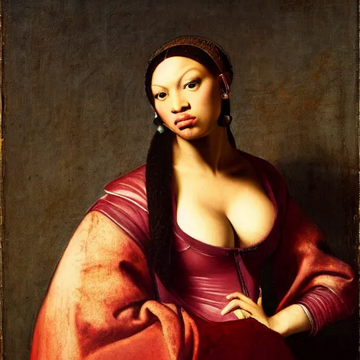 Prompt: a renaissance portrait painting of megan thee stallion in the style of rembrandt van rijn & caravaggio