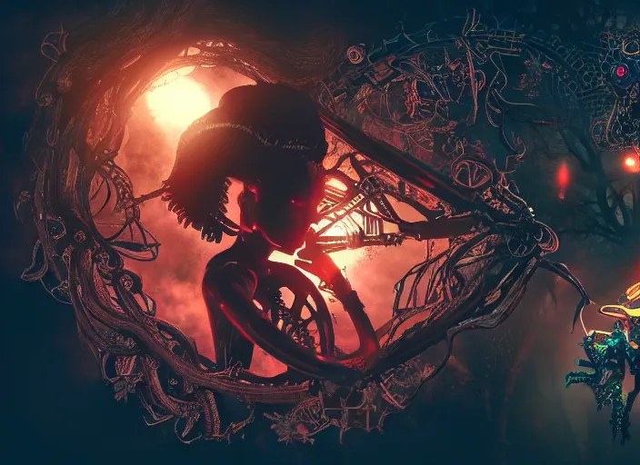 Prompt: silhouette of an intricate mechanical fairy with visible gears having tea with a cyborg winged horned demon medusa in a magical forest. Very detailed 8k. Fantasy cyberpunk horror. Sharp. Cinematic post-processing