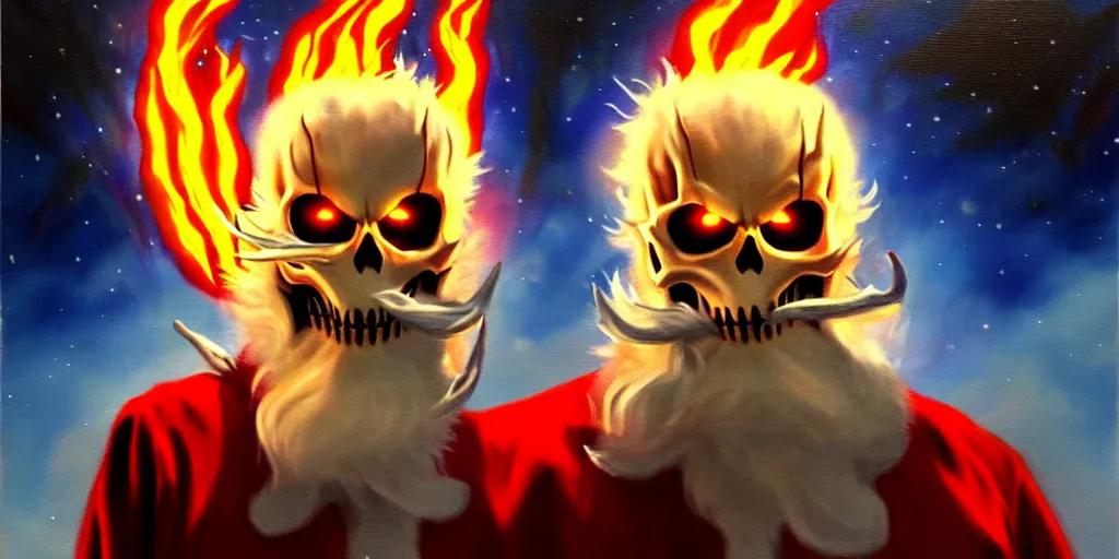 Image similar to ghost rider santa claus have time traveled to warn you from something, dramatic lighting, oil painting