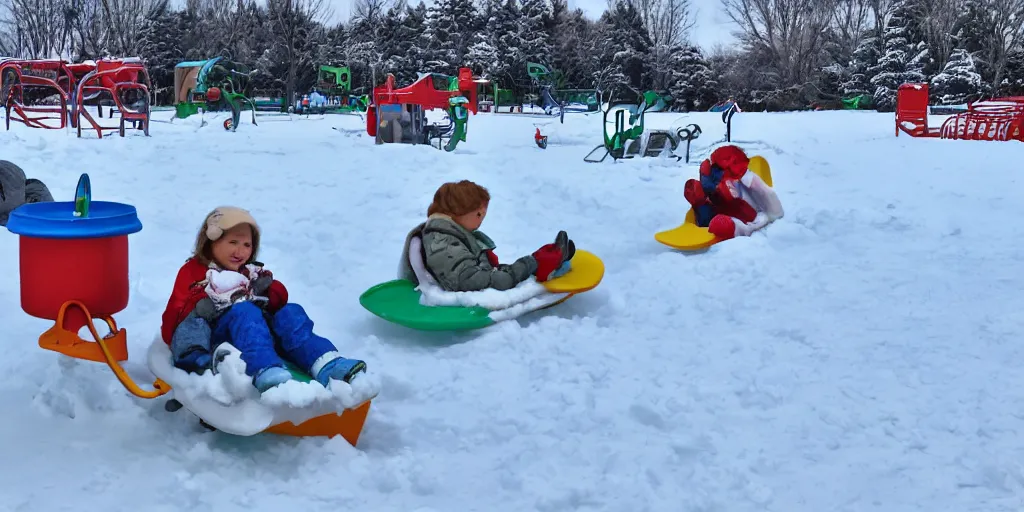 Prompt: snow fun park, sledge, cartoon style, 4 k,