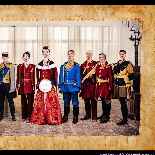 Prompt: a wide full shot, colored russian and japanese mix historical fantasy of a photograph taken of the royal groom and the best men, photographic portrait, warm lighting, 9 0 7 photo from the official wedding photographer for the royal wedding.