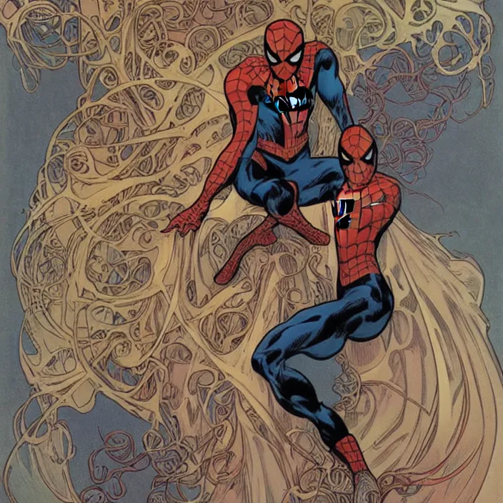 Prompt: A cover of Spider-man, full-length, very detailed, painted by Alphonse Mucha.