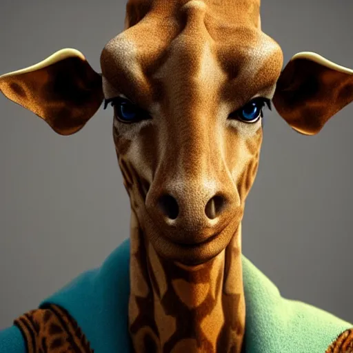 Image similar to a highly detailed portrait of a humanoid giraffe in a blue cloak, adventurer, artstation, deviantart, professional, unreal engine 5, octane render