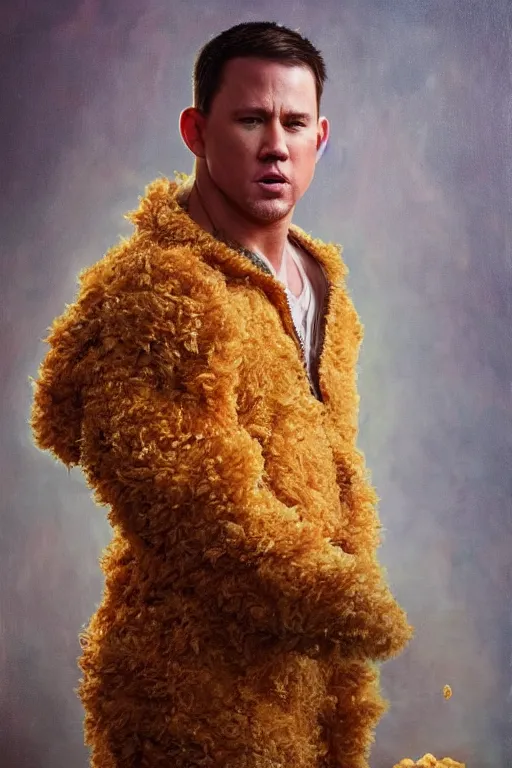 Image similar to channing tatum wearing a tater tot costume, oil on canvas, intricate, 8 k highly professionally detailed, hdr, cgsociety