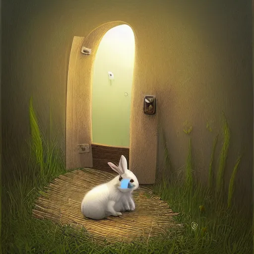 Prompt: cute rabbit hides behind the door by gediminas pranckevicius