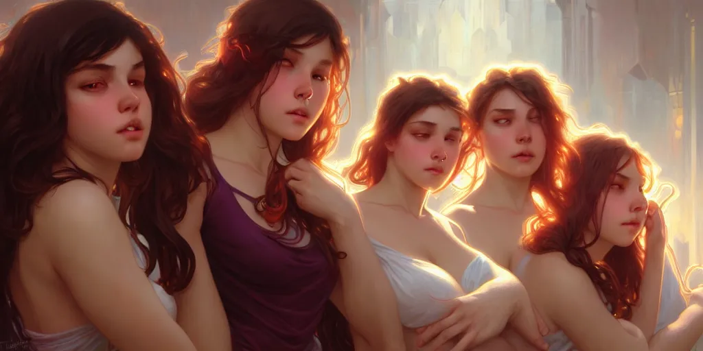 Image similar to three beautiful college girls rolling on ecstasy covered in sweat and dilated pupilsl, highly detailed, digital painting, artstation, concept art, matte, sharp focus, illustration, art by artgerm and greg rutkowski and alphonse mucha