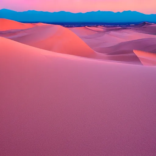 Prompt: massive desert dunes in front of a pink sky, surreal,