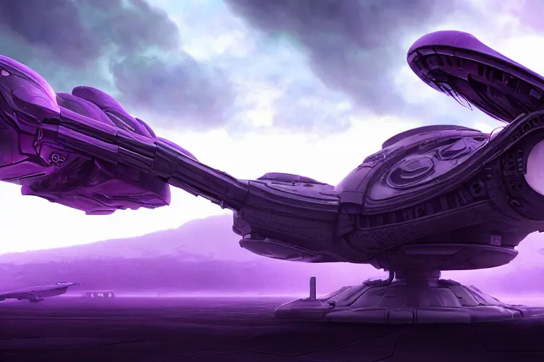 Prompt: alien military spacecraft, purple, futuristic, apocalyptic, by jon aaron kambeitz, katsuhiro otomo, heng z, concept art, insanely detailed, raytracing, octane, unreal engine, trending on artstation