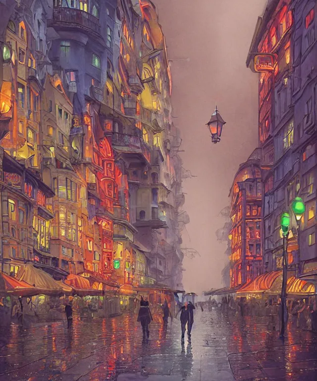 Image similar to insane perspective of colorful street vue from prague, realistic shaded , humid ground, highly detailed, artstation, painting by François Schuiten and moebius, disney fantasy style, people and creatures walking, big red robot waiting, volumetric light, neon lights, science fiction elements, lampposts, rainy mood