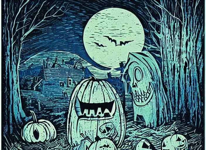 Image similar to blue woodcut print, cartoon halloween pumpkin in graveyard at midnight by greg rutkowski, fine details, highly detailed