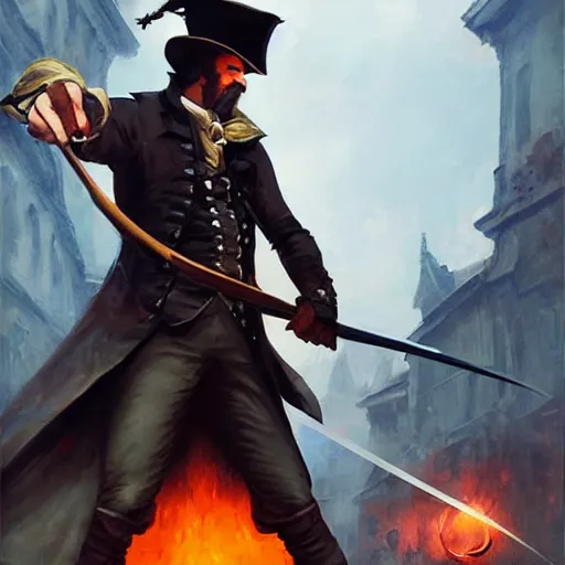 Prompt: a french gentleman with a rapier in a duel with a rogue blackman in the streets of a fantasy paris in french revolution, epic fantasy digital art, fantasy style art, by Greg Rutkowski, fantasy hearthstone card art style