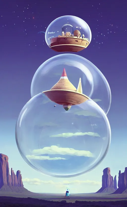 Image similar to a scary hyperrealist painting of a rocketship in a giant transparent cubic bubble from howl's moving castle ( 2 0 0 4 ) in a flooded monument valley stonehenge jungle. depth perception, 4 k, artstation, in the style of studio ghibli