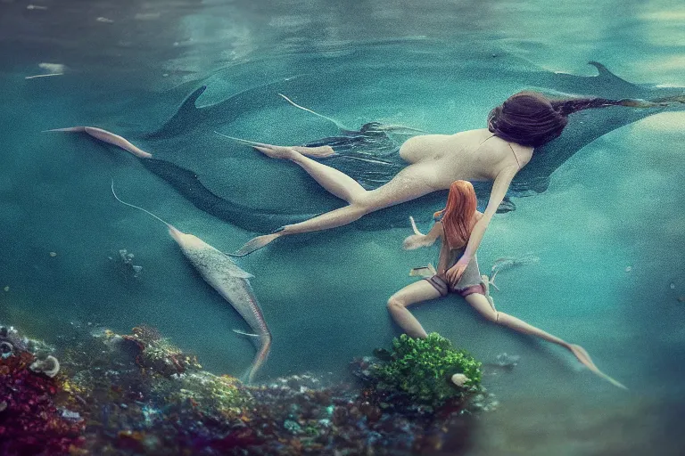 Prompt: long shot photo of fishes swimming around woman, highly detailed, photorealistic, reflections, smooth, sharp focus, concept art, illustration, beautiful, geometric, trending on artstation, cinematic, featured on behance , artwork by WLOP and Tran, Ross