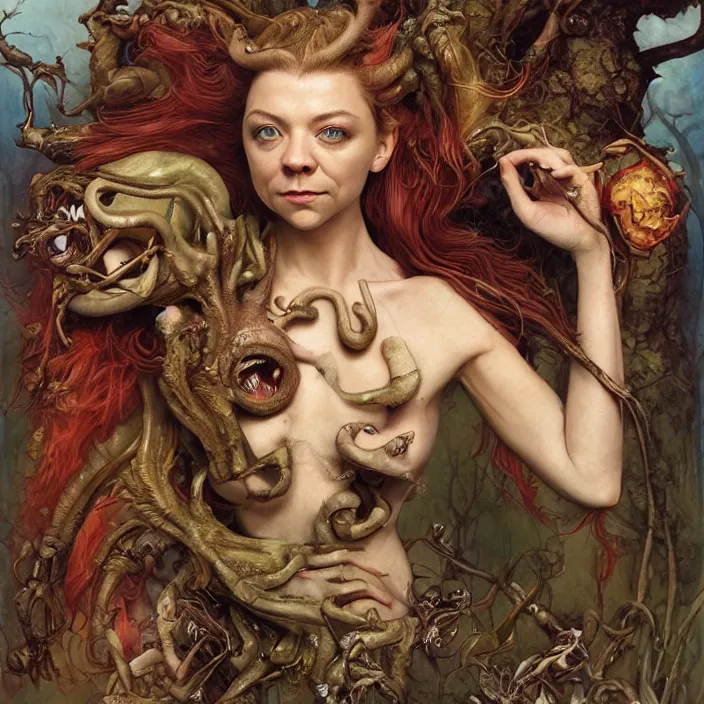 Image similar to a portrait photograph of natalie dormer as a elegant brightly colored satyr alien hybrid with wet mutated skin. wearing an infected organic catsuit. by tom bagshaw, donato giancola, hans holbein, walton ford, gaston bussiere, brian froud, peter mohrbacher and magali villeneuve. 8 k, cgsociety