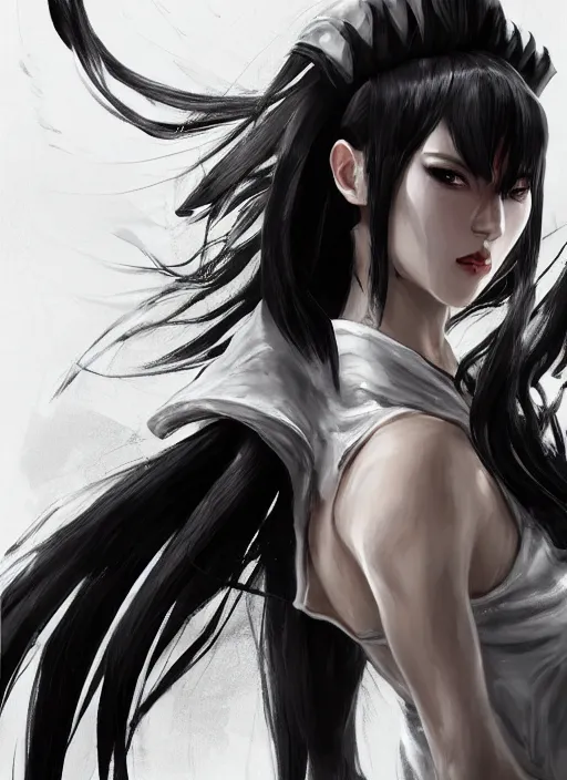 Image similar to a highly detailed illustration of fierce tall amazon messy ponytail black haired one armed delinquent japanese woman wearing white cap wearing long white jacket with cape, dramatic pose, muscular, perfect face, perfect body, intricate, elegant, highly detailed, centered, digital painting, artstation, concept art, smooth, sharp focus, league of legends concept art, wlop.