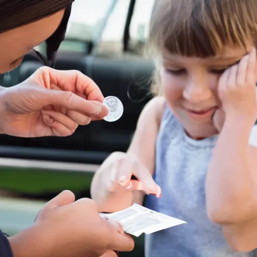 Image similar to a child exchanging a ticket for a coin from an adult, photorealistic