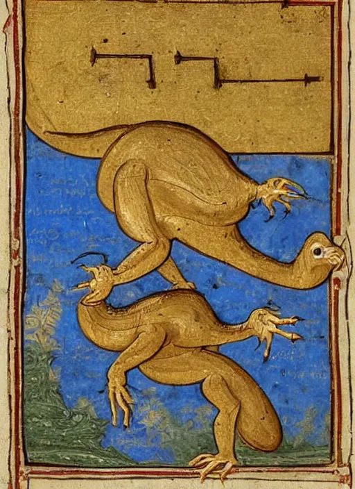 Image similar to a gilded page from an illuminated manuscript, depicting a dinosaur intertwined with the letter S, other dinosaurs along the bottom of the page, hand drawn, Master of Imola c. 1275, highly detailed