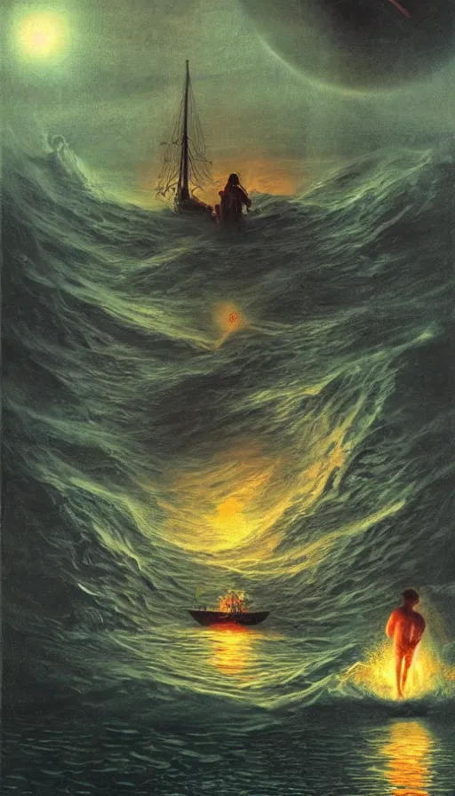 Image similar to man on boat crossing a body of water in hell with creatures in the water, sea of souls, by david a. hardy