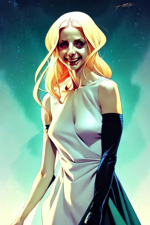 Image similar to artgerm, joshua middleton comic cover art, pretty ghost sarah michelle gellar entire full body, floating, creepy smile, white dress, friendly, translucent, symmetrical eyes, symmetrical face, long white hair, inside haunted house