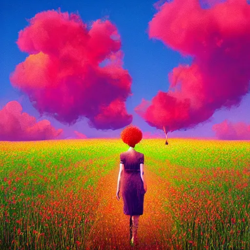 Image similar to big red flower afro, full body, girl walking in the middle of a field with flowers, surreal photography, hills, sunrise dramatic light, impressionist painting, colorful clouds, digital painting, pointillism, artstation, simon stalenhag