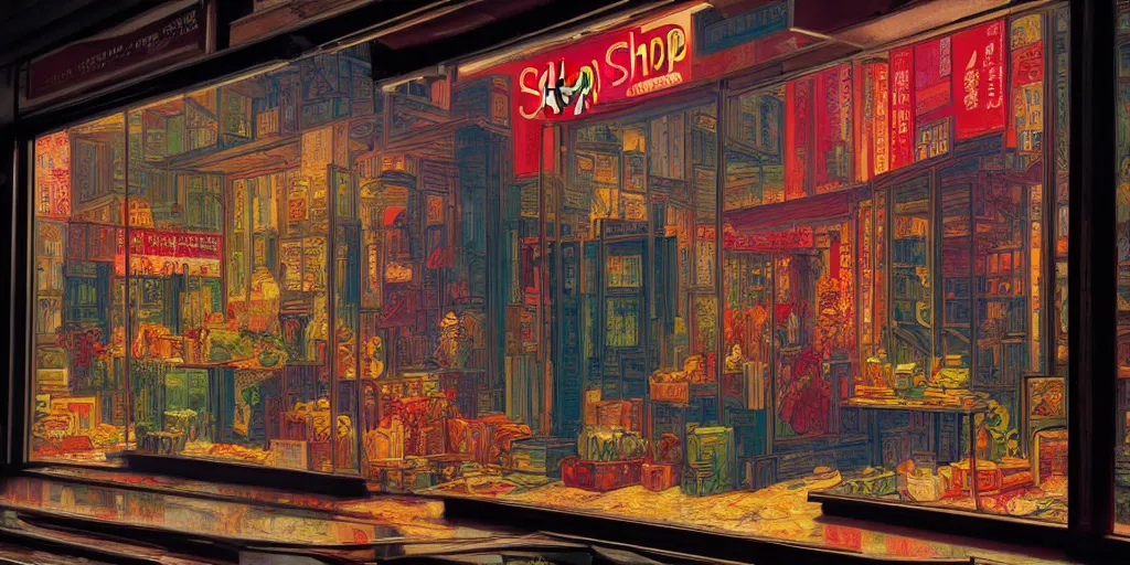 Image similar to s shop window in hong kong, by dan mumford and peter doig and edward hopper, highly detailed, dramatic lighting, 8 k