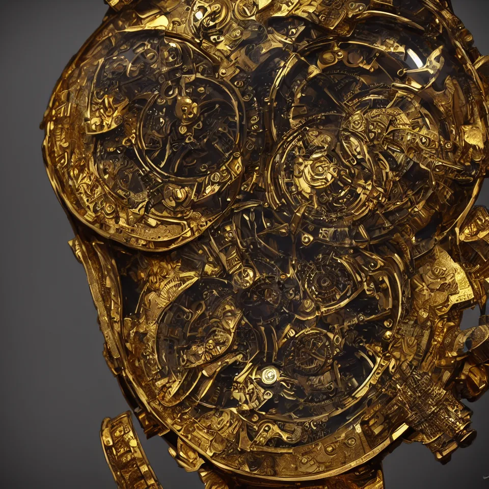 Image similar to Highly detailed digital art of a steampunk watch made of gold and nebula, ArtStation, Unreal Engine, 4K