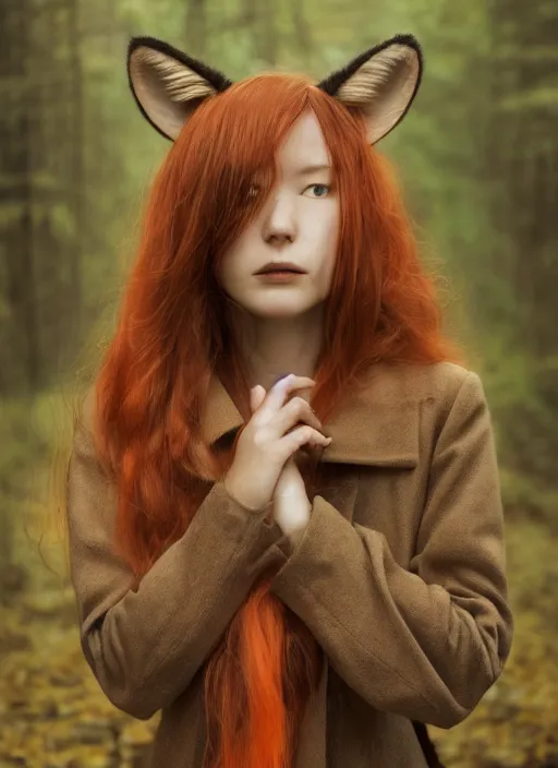 Image similar to portrait painting by tatsuki fujimoto, girl with fox ears, long wavy orange hair, light brown trenchcoat, forest background, focus on face, pretty, moody lighting, painterly