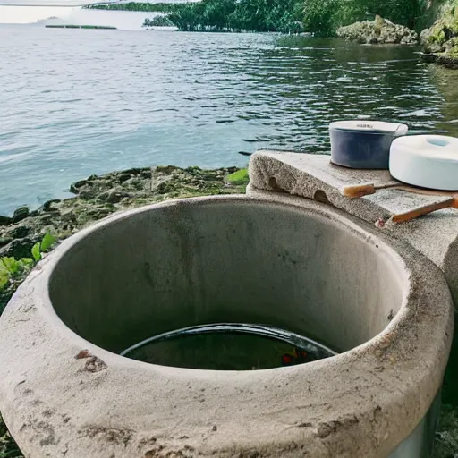 Image similar to a toilet filled with kitchen utensils instead of water, on an island, view from front