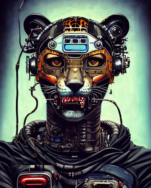 Image similar to a portrait of an anthropomorphic cyberpunk jaguar by sandra chevrier, by jon foster, detailed render, tape deck, epic composition, cybernetics, 4 k realistic, cryengine, realistic shaded lighting, sharp focus, masterpiece, by enki bilal