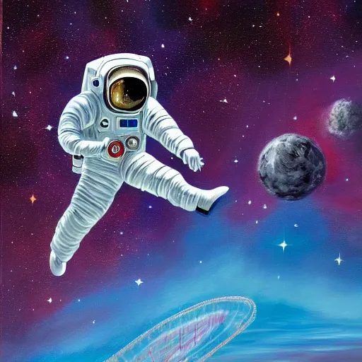 Prompt: a painting of an astronaut playing soccer in a cosmic scenic environment, beautiful, hyperdetailed, trending on Artstation