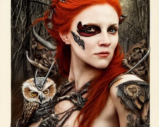 Prompt: 5 5 mm portrait photo of an armored gorgeous anesthetic redhead woman warrior with a face tattoo and horns growing from her head, and owl sitting on her shoulder in a magical forest in the style of stefan kostic, art by luis royo. highly detailed 8 k. intricate. lifelike. soft light. nikon d 8 5 0. cinematic post - processing